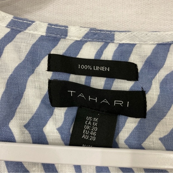 Tahari Blue White 100% Linen Rolled Tab Button Down size 1X - Picture 2 of 11